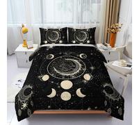 3pcs Celestial Moon Phases Duvet Set, Bohemian Gold & Black Bedding Set for Girls and Adults, Bedroom or Room Decor, All Seasons Microfiber Quilt with 2 Pillowcases for Gifts(Super King 220*416cm)