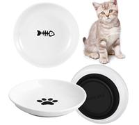 3pcs Ceramic Cat Bowls with Non-Slip Silicone Bottom, No Whisker Fatigue Shallow Cat Plate for Food Water, Diameter 15cm Wide Flat Pet Dishes, Kitten Feeding Bowl with Fish Bone, Cats Paw Patterns