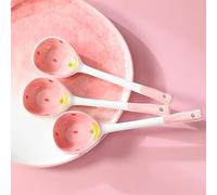 3PCS Ceramic Soup Spoons Cute Strawberry Spoons Long Handle Porcelain Tablespoons Reusable Dinnerware & Microwave Safe, for Cereal, Yogurt, Dips, Ice Cream, Ramen