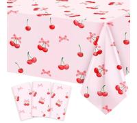3pcs Cherry Birthday Decorations Tablecloths, Large Size Cherry and Bows Birthday Decorations Table Cloth for Cherry Themed Party, 54 x 108 Inch