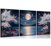 3Pcs Cherry Blossom Moon Lake Canvas Wall Art Nature Landscape Wall Decor Pictures Japanese Aesthetics Floral Posters Prints for Home Office Living Room Decoration 12x16in