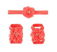 3pcs Chiffon Flower Headband Barefoot Sandals Set Baby Kids Elastic Foot Band Solid Hair Bands for Photography watermelon red