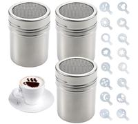 3Pcs Chocolate Shaker Dusters Mesh Powder Shaker, Icing Sugar Shaker Duster with 16 Coffee Stencils, Powder Shaker Set for Cake Decorating, Baking, and Coffee Art, Small Size 5 * 7.5cm