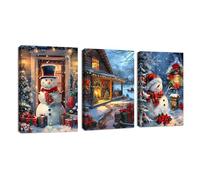 3Pcs Christmas Ambience Winter Snow Scene Canvas Wall Art Red Snowman Huts Lighting Nightscape Pictures Canvas Print Paintings for Living Room Bedroom Office Ready To Hang Stretched On Frame 40x60x3