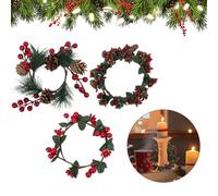 3PCS Christmas Candle Rings, Christmas Wreath Napkin Rings Front Door Wreath Artificial Wreath Candle Holder Rings with Red Berries, Pine Cones, Pine Branches for Pillars Holiday Dinner Table Decors