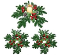 3Pcs Christmas Candle Rings Wreaths Greenery Pine Branches Leaves Pine Cones Red Berries Candle Holder Rings Mini Wreaths Decorations for Tables Centerpieces Mantle Frontdoor Home Kitchen Xmas Decor