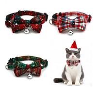 3PCS Christmas Cat Collar with Bow Tie and Bells Adjustable 22-32cm Safety Quick Release Buckle Kitten Collar Xmas Accessories Detachable Bowtie and Bell forKitten Puppy Small Pets (Red+Green+White)