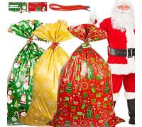 3pcs Christmas Giant Gift Bags, 36 x 56 inch Jumbo Xmas Sacks Extra Large Christmas Bags, Drawstring Red Green Gold Oversized Xmas Gift Bags Huge Wrapping Sacks Extra Big Toy Bags for Party Favors