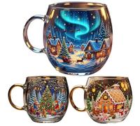 3PCS Christmas Mugs, Stained Glass Christmas Coffee Mug, Uniques Painted Glass Cup Drinking Coffee Cup, Creative C-hristmas Coffe-e Tea Milk Cups Glasses Drinkware for Home Offices Desk Decor