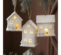 3PCS Christmas Village Glowing House - Wood Miniature Houses Ornament, White Xmas Holiday Farmhouse Rustic Decor for Home Table Room