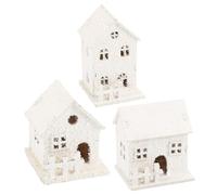3Pcs Christmas Village Houses LED Lighted Wood White Snow Christmas Houses for Winter Xmas Holiday Tabletop Mantel|Collectible Buildings Accessories