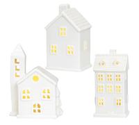 3Pcs Christmas Village Sets, White Ceramic Christmas Village House Porcelain LED Light Up House for Decor Home Table Display