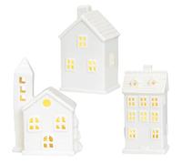 3Pcs Christmas Village Sets, White Ceramic Christmas Village House Porcelain LED Light Up House for Decor Home Table Display..
