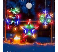 3Pcs Christmas Window Lights - Battery Powered Snowflake & Star & Elk Shaped with Suction Cup for Xmas, New Year, Balcony, Party, Indoor Outdoor Decor