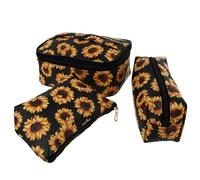 3pcs Classic Sunflower Cosmetic Bag, Embroidered Makeup Storage Case | Synthetic Leather Accents, Secure Zip Closure, Organised Packing for Students, Manicure Enthusiasts, Gym Bags and Business