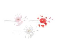 3pcs Classic U Shaped Hairpin with Floral Motifs for Brides and Buns | Metal Resin Build, Secure Updo Support, Red Pink Set Styling, Wedding Photoshoots, Hanfu Inspired