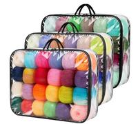3Pcs Clear Yarn Storage Organiser with Handles, Waterproof Portable Yarn Storage Organiser Unit, Dust-Proof Storage Bags with Zips for Knitting & Crochet Wool, Knitting Accessories Saves Space