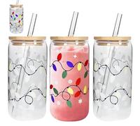 3pcs Color Changing Christmas Cup, 350ML/500ML Colour Changing Christmas Glass Cup with Lids and Straws, Reusable Travel Coffee Cups, Multipurpose Glass Drink Bottle for Cappuccino Tea, Latte Milk