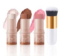 3Pcs Contour Highlighter Blush Stick, Bronzer Beauty Wand with Brush, Waterproof Long Lasting Cream Concealer for Sculpt the Cheeks, Lightweight Smooth Face Makeup Contouring Stick Set for All Skin