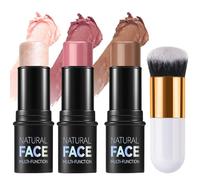 3Pcs Contour Highlighter Blush Sticks with Brush - Cream Contour Bronzer Stick for Cheeks Eyes Lips, Long Lasting Waterproof Smooth Makeup Sticks for All Skin Type Face Makeup
