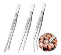 3Pcs Cooking Tweezers Tongs and Offset Tweezer Set Tongs Precision Serrated Tips Kitchen Stainless Steel Utensils Metal Fine Tweezers for Roasting Chef Serving Grill Culinary Salad BBQ Sea Food