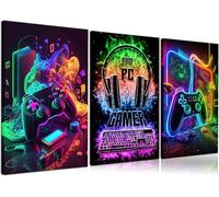 3Pcs Cool Gaming Wall Art Retro Video Gamer watercolor Posters Pictures Colorful Neon Gamepad Canvas Painting Prints for Boys Room Kids Gamer Room Bedroom for Boys Home Decoration 12x16in