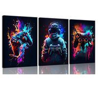 3Pcs Cool Retro Video Game Watercolor Posters Colorful Neon Gamepad Canvas Painting Prints for Boys' Room, Kids' Game Room Accessories, Bedroom Home Decoration (Framed)