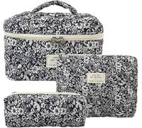 3Pcs Coquette Makeup Bag - Quilted Cosmetic Bag Large Make Up Bags Set Aesthetic Floral Toiletry Bags for Women Girls (25)