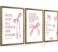 3Pcs Coquette Pink Bow Canvas Wall Art Decor Posters Inspirational Bible Verses Pictures Prints Coquette Aesthetic for Girls Room College Apartment Living Room Bedroom Unframed 08x12inch