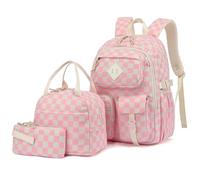 3Pcs Corduroy School Backpack for Girls, Kids Large Capacity School Bag Bookbags Set with Lunch Box and Pencil Bag, Corduroy Checkered Pink, L