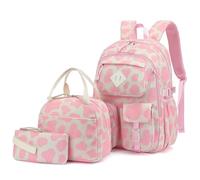 3Pcs Corduroy School Backpack for Girls, Kids Large Capacity School Bag Bookbags Set with Lunch Box and Pencil Bag, Corduroy Cow Print Pink, L