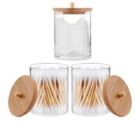 3PCS Cotton Pad Holder with Bamboo Lids, Cotton Bud Holder Swab Box Qtip Container Rond Bathroom Storage Jars Transparent Organizer for Hair Ties Floss Small Makeup Accessories Bathroom Dressing Table