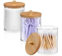 3PCS Cotton Pad Holder with Bamboo Lids, Transparent Acrylic Swab Dispenser, Clear Plastic Small Qtip Container, Bathroom Cosmetic Storage Jars, Makeup Organiser Box for Cotton Ball, Round Pads, Floss