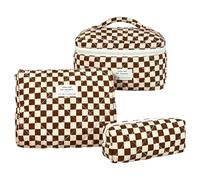 3pcs Cotton Quilted Makeup Bag Set Large Checkered Cosmetic Bags for Women Girls (Brown)