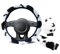 3Pcs Cow Printing Fluffy Car Steering Wheel Cover with Handbrake Gear Shift Plush Cover Soft Plush Winter Warm Vehicle Car Steering Wheel Protector Universal Auto Steering Wheel Cover Fit 37-39cm