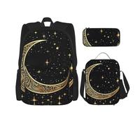 3PCS Crescent moon pattern on black background Backpack Sets with Insulated Lunch Bag Pencil Case, 17inch Lightweight Laptop Backpack Shoulder Lunch Box and Pencil Bag for Women Men Travel Bags