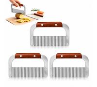 3PCS Crinkle Cutter Heavy Duty, Stainless Steel Crinkle Cutter Potato Chipper Vegetable Crinkle, Manual Vegetable Tools, Wooden Handheld Potato Spiral Cutter and Crinkle Chip Cutter for Home Cooking