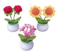 3pcs Crochet Flower Pot, Sunflower Red Rose Forget Me Not Small Potted Flowers, Mothers Day Valentines Gifts for Mom Wife, Cute Desk Decor for Women Office Car Dashboard