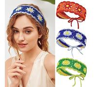 3PCS Crochet Headband Women Floral Hairband - Daisy Floral Elastic Handmade Crochet Head Wrap Bohemian knit Headband for Women and Girls, Blue+Green+Red