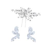 3PCS Crystal Bridal Hair Clips,Silver Bride Wedding Hair Headpiece Flower Hair Pins,Bow Hoop Earrings,Minimalist Elegant Ribbon Bowknot Earrings For Brides Women Wedding Accessories