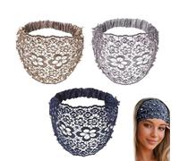 3PCS Crystal & Pearl Embellished Wide Headbands for Women, Headband for Women Glam Lace, for Womens Fashion Vacations & Daily Styling (Khaki+Grey+Navy, One size)