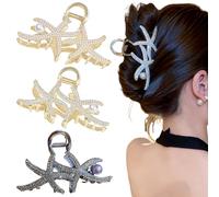 3pcs Crystal Rhinestone Pearl Double Starfish Claw Clips, Large Metal Starfish Hair Clips, Elegant Beach Hair Accessories for Women (Double Starfish)