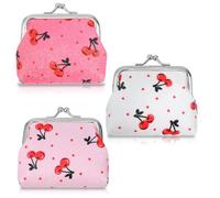 3PCS Cute Coin Purse Women - Shimmeroo Cherry Double Clasp Small Wallet with Kiss Lock Closure for Girls Cash Change Key Vintage Pouch,Three Colors with Cherry Pattern