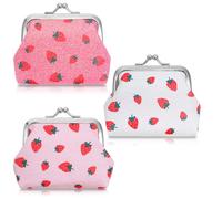 3Pcs Cute Coin Purse Women with Kiss Lock Closure Strawberry Pink Coin Purse Women Shimmeroo Double Clasp Small Wallet for Girls Cash Key Vintage Pouch,Three Colors with Strawberry Pattern