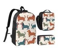 3PCS Cute Dachshound Dogs Backpack Set with Insulated Lunch Box Pencil Pouch, 17inch Lightweight Laptop Bags Shoulder Lunch Bag and Pencil Case Bag 3-in-1 Set