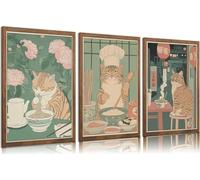 3Pcs Cute Funny Japanese Ramen Cat Canvas Wall Art Tabby Cat Eating Noodles Posters Prints paintings Vintage Japan Edo Period Wall Decor Pictures for Living Room Dining Room Kitchen 30X40cm Unframed