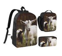 3PCS Cute Goat Backpack Set with Insulated Lunch Box Pencil Pouch, 17inch Lightweight Laptop Bags Shoulder Lunch Bag and Pencil Case Bag 3-in-1 Set