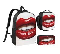 3PCS Cute Graphic Red Lips Backpack Set with Insulated Lunch Box Pencil Pouch, 17inch Lightweight Laptop Bags Shoulder Lunch Bag and Pencil Case Bag 3-in-1 Set