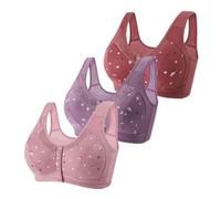 3Pcs Daisy Bras for Older Women Front Fastening Non Wired Sports Bras Women High Impact Bralettes Plus Size Full Coverage Push Up Bra Front Button Wireless Support Underwear Soft Ladie Bras Black