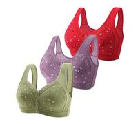 3Pcs Daisy Bras for Older Women Front Fastening Non Wired Sports Bras Women High Impact Bralettes Plus Size Full Coverage Push Up Bra Front Button Wireless Support Underwear Soft Ladie Bras Green